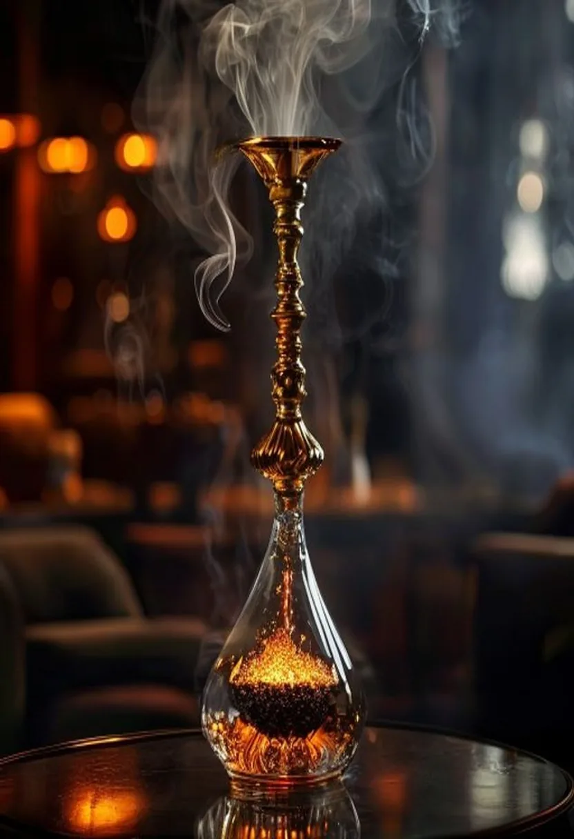 Ornate hookah centerpiece glowing in the Mezze Cafe lounge