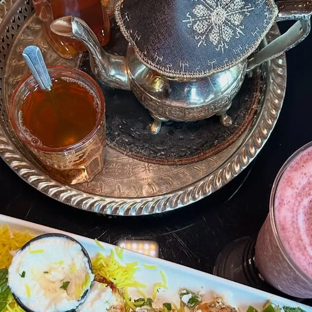 Moroccan silver teapot with hot tea at Mezze Cafe Austin
