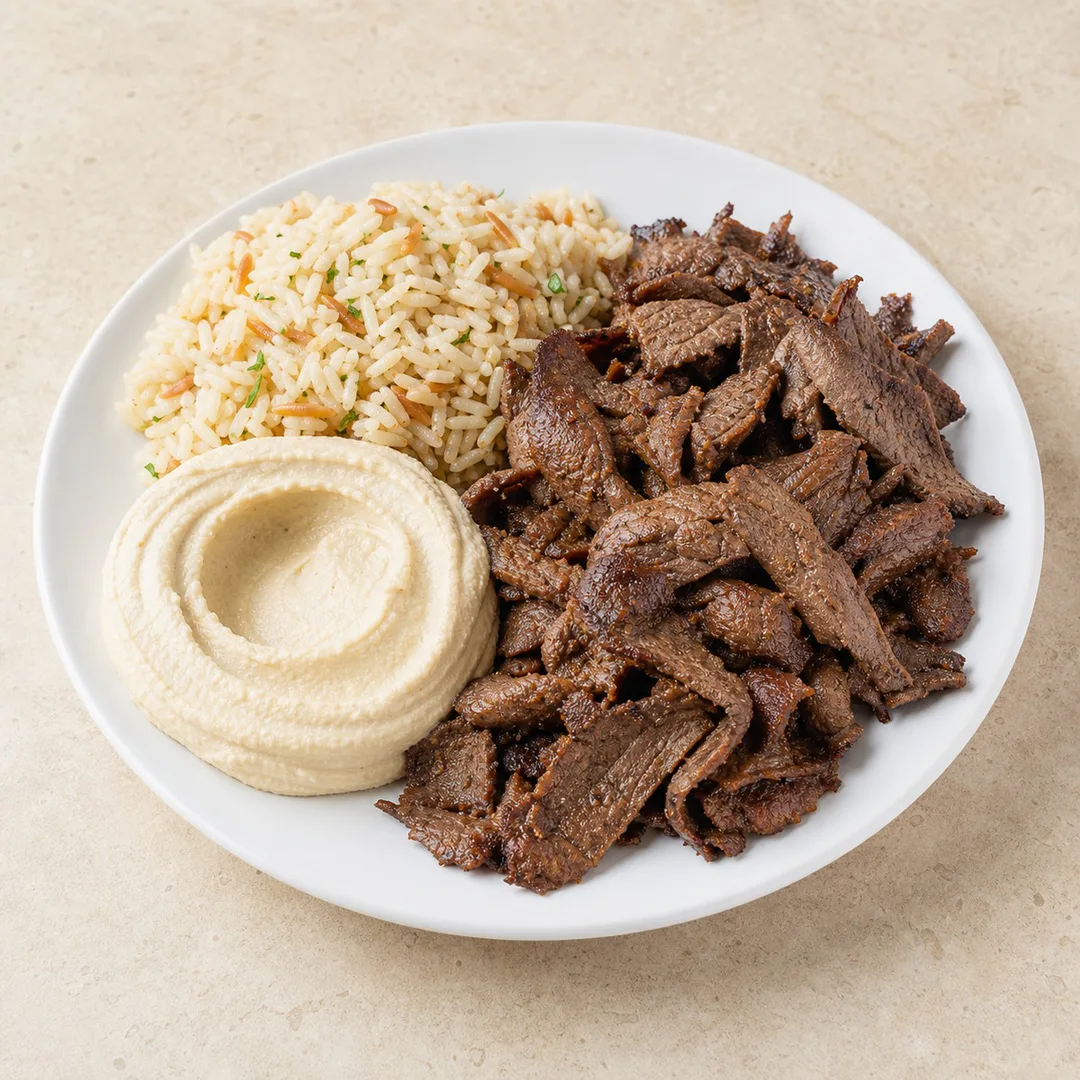 AI-assisted menu preview of Beef Shawarma Plate for Mezze Cafe in South Austin