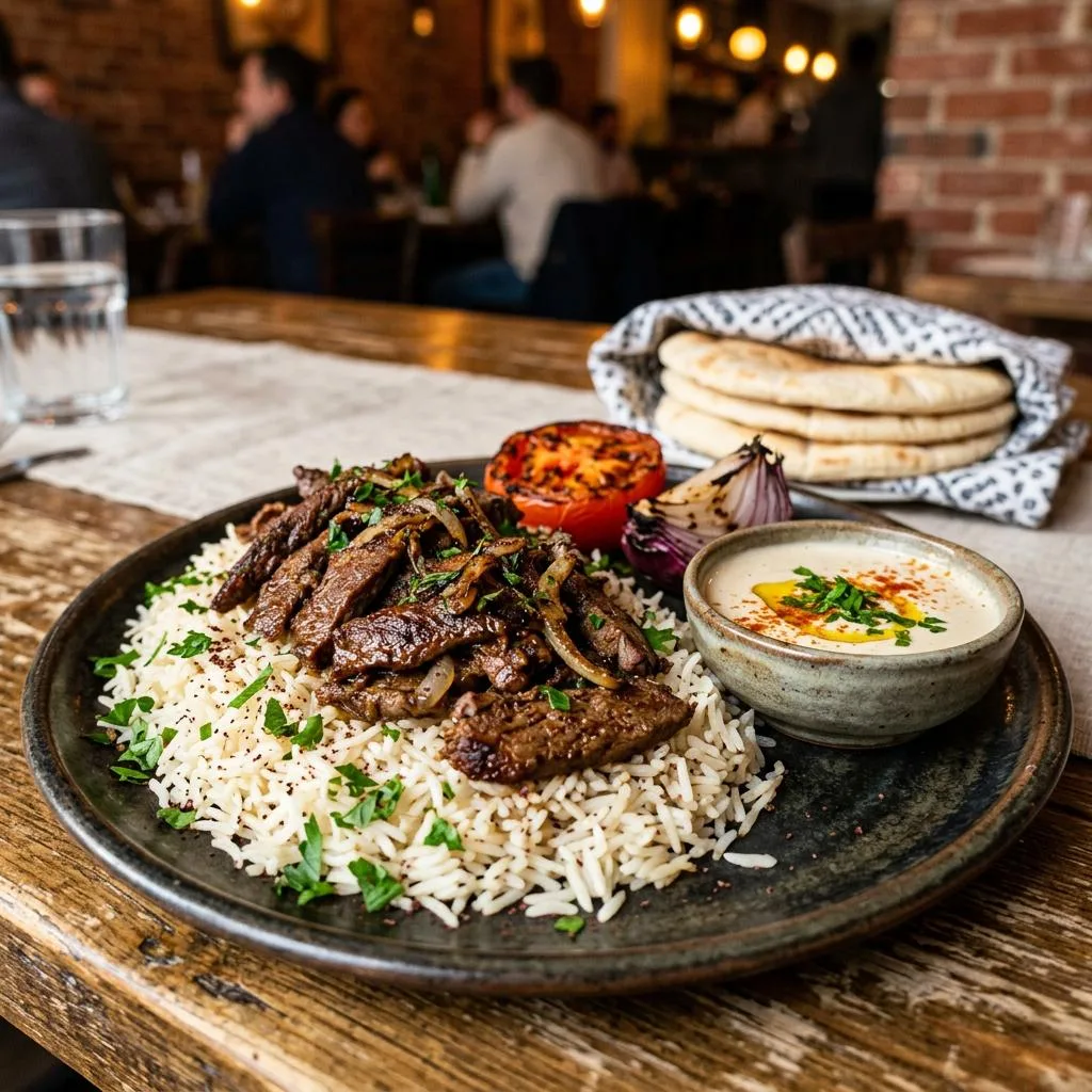 Beef Shawarma Plate at Mezze Cafe Mediterranean Grill & Hookah Lounge, 504 W Oltorf St, Austin, TX 78704 - Fresh, authentic Mediterranean cuisine