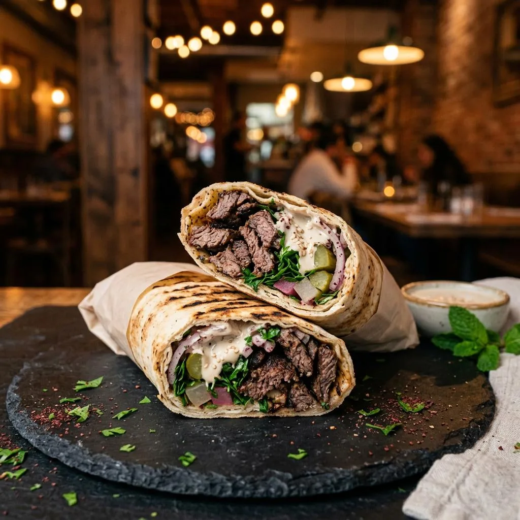 Beef Shawarma Wrap at Mezze Cafe Mediterranean Grill & Hookah Lounge, 504 W Oltorf St, Austin, TX 78704 - Fresh, authentic Mediterranean cuisine