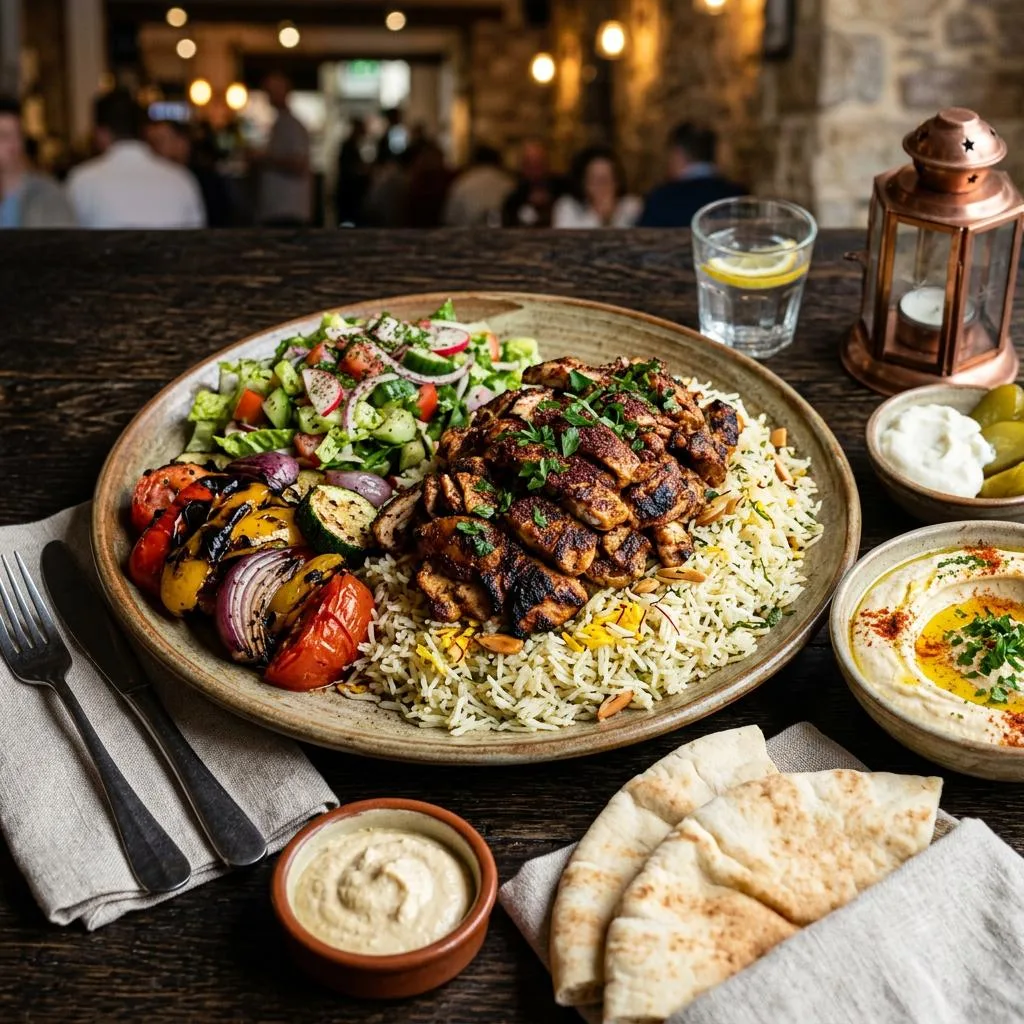 Chicken Shawarma Plate at Mezze Cafe Mediterranean Grill & Hookah Lounge, 504 W Oltorf St, Austin, TX 78704 - Fresh, authentic Mediterranean cuisine