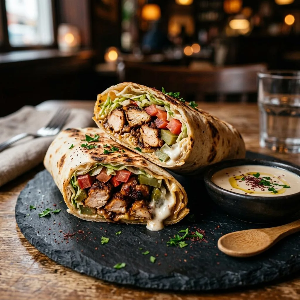 Chicken Shawarma Wrap at Mezze Cafe Mediterranean Grill & Hookah Lounge, 504 W Oltorf St, Austin, TX 78704 - Fresh, authentic Mediterranean cuisine