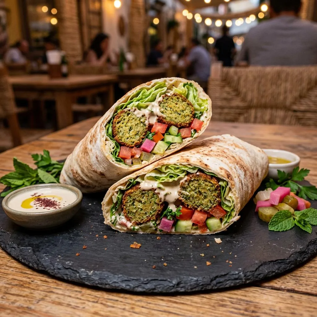 Falafel Wrap at Mezze Cafe Mediterranean Grill & Hookah Lounge, 504 W Oltorf St, Austin, TX 78704 - Fresh, authentic Mediterranean cuisine