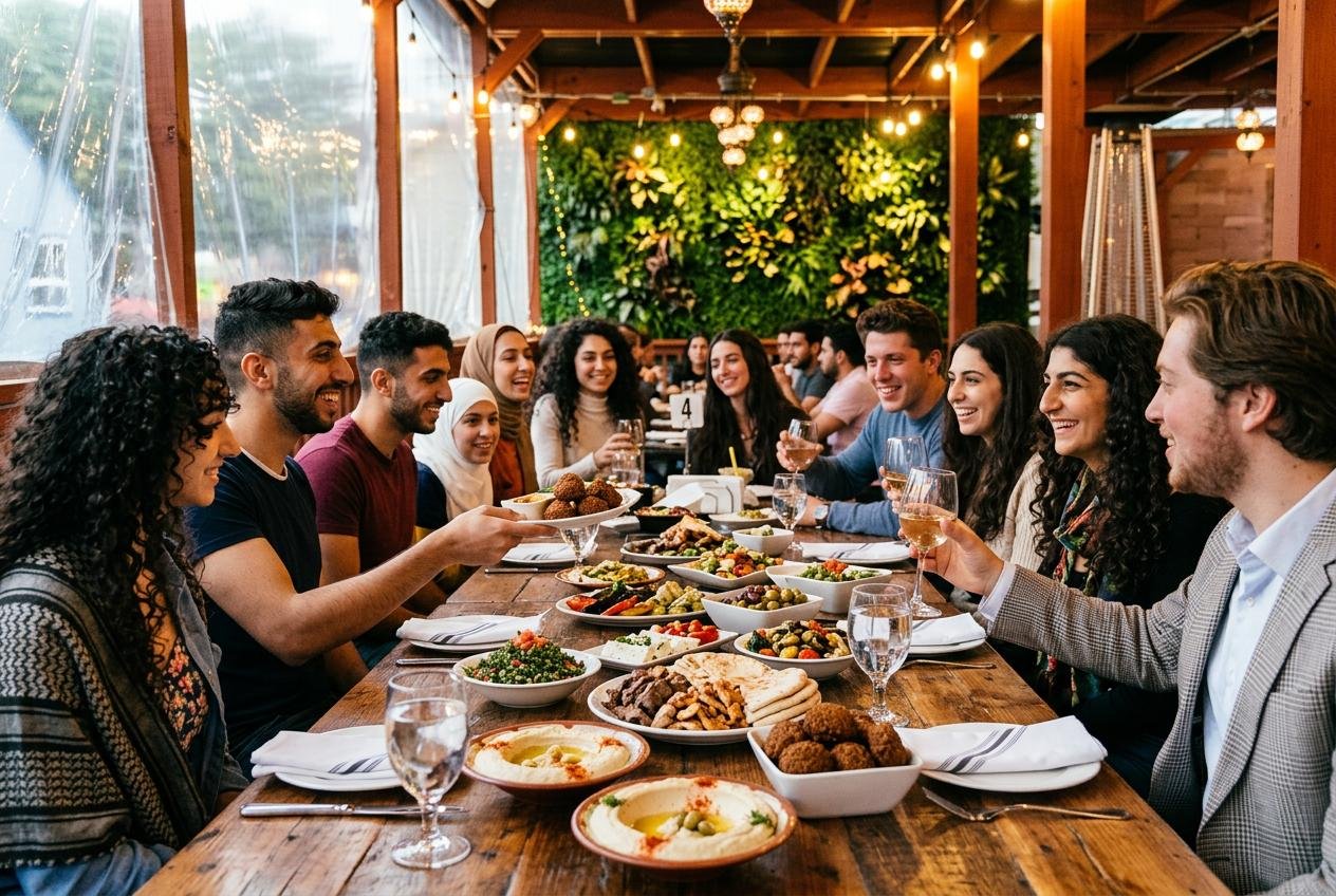 Guests enjoying Mediterranean dining at Mezze Cafe Mediterranean Grill & Hookah Lounge, 504 W Oltorf St, Austin, TX 78704