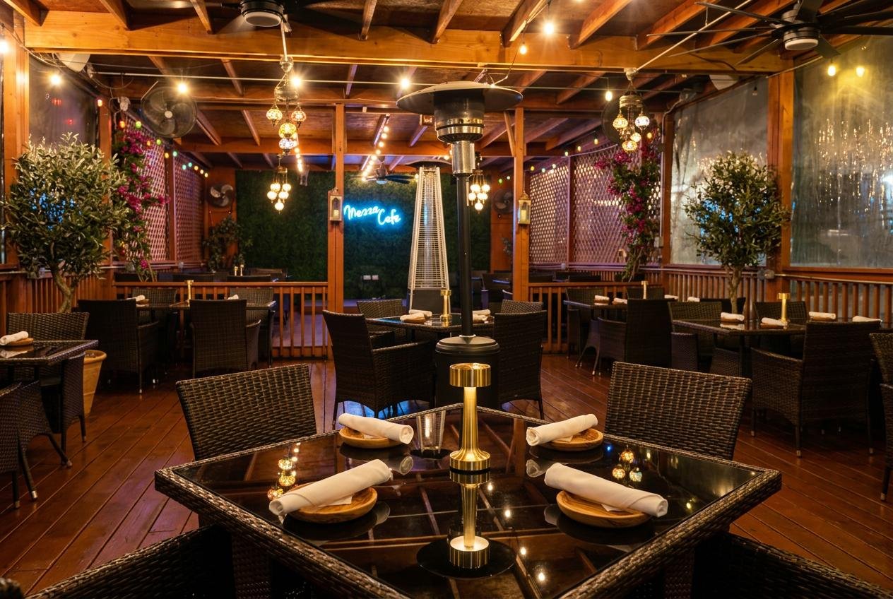 The hookah patio at Mezze Cafe at night, strung with warm lights
