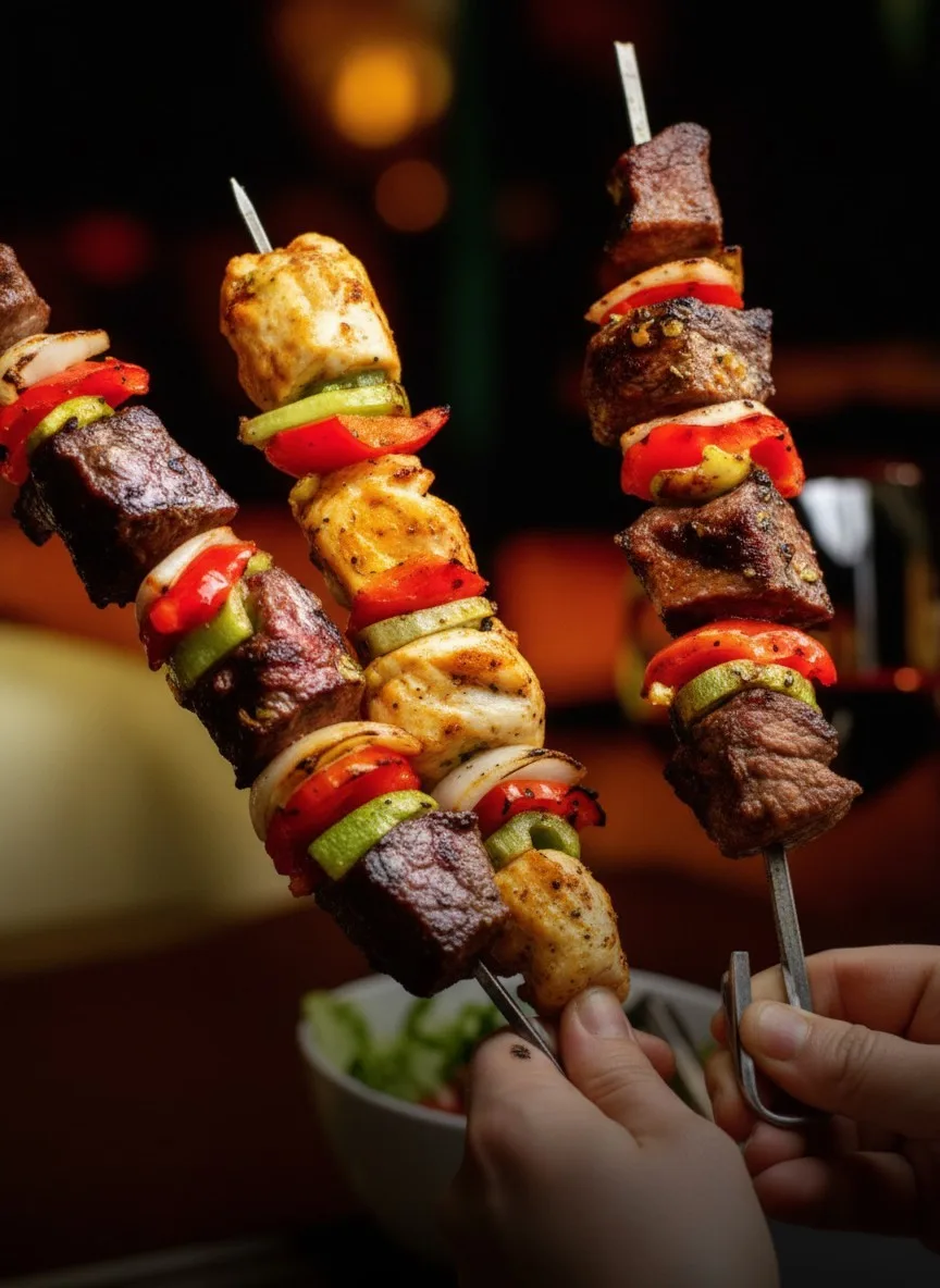 Beef and chicken kabob skewers with charred peppers, served at the table