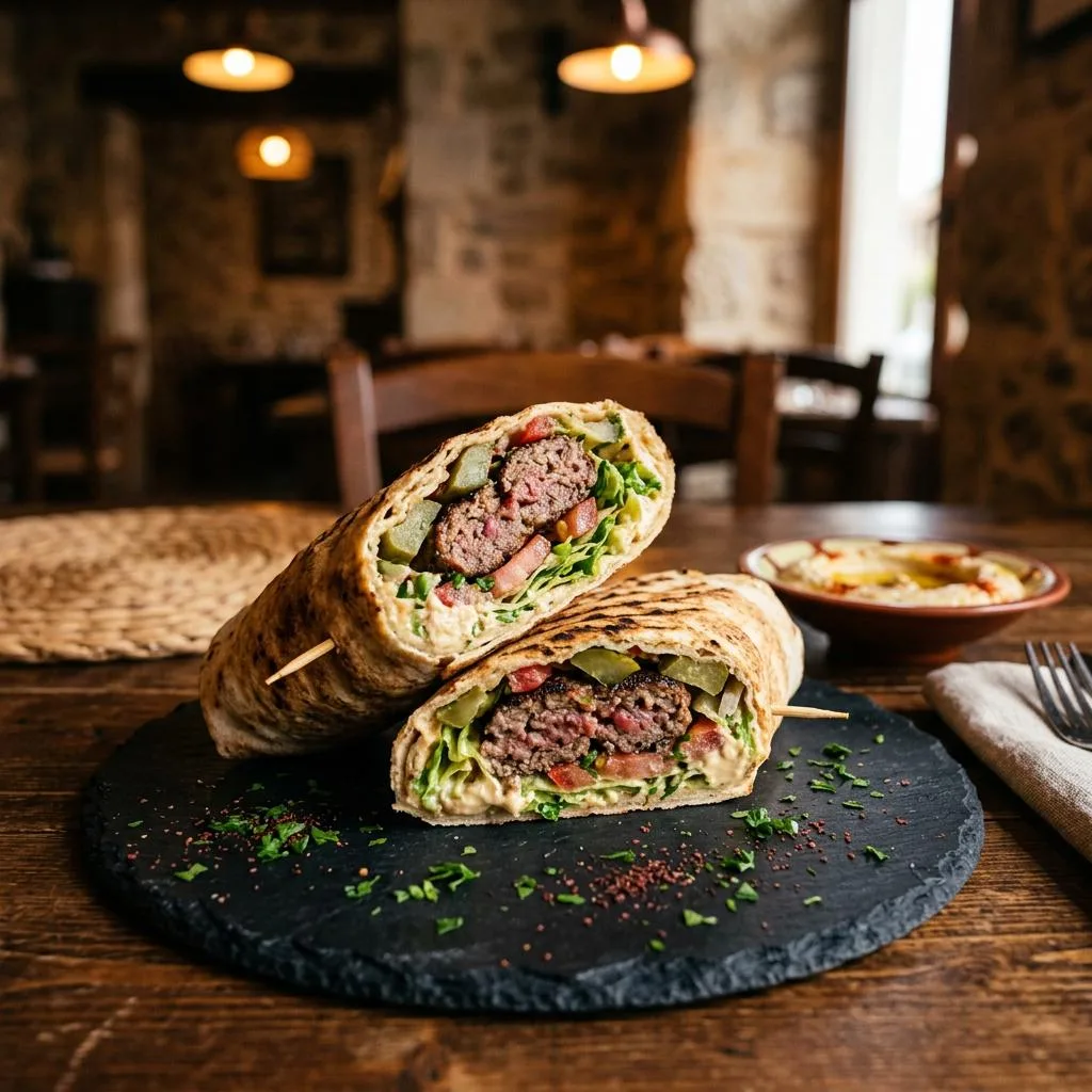 Kafta Kebab Wrap at Mezze Cafe Mediterranean Grill & Hookah Lounge, 504 W Oltorf St, Austin, TX 78704 - Fresh, authentic Mediterranean cuisine
