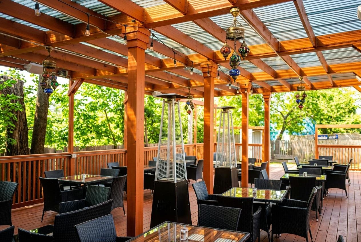 Pergola with Moroccan lanterns at Mezze Cafe Mediterranean Grill & Hookah Lounge, 504 W Oltorf St, Austin, TX 78704
