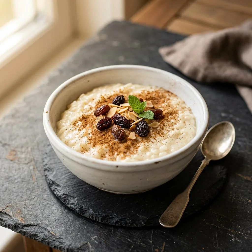 Creamy rice pudding dusted with cinnamon